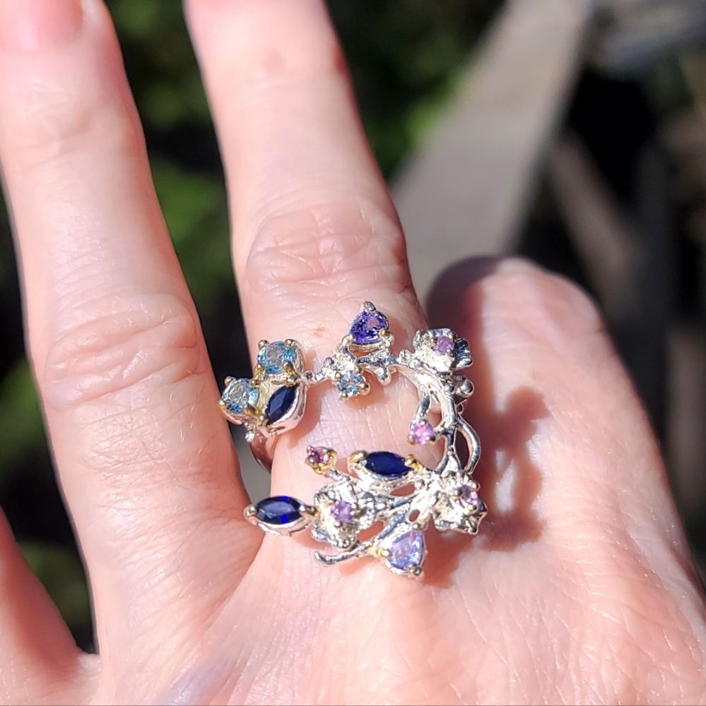 Sapphire Amethyst Tanzanite &Topaz Floral wreath Sterling Ring sz6.75 - Picture 7 of 10